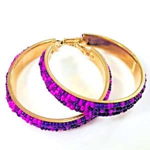 Purple Beaded Leverback Stud Hoop Boho Earrings
